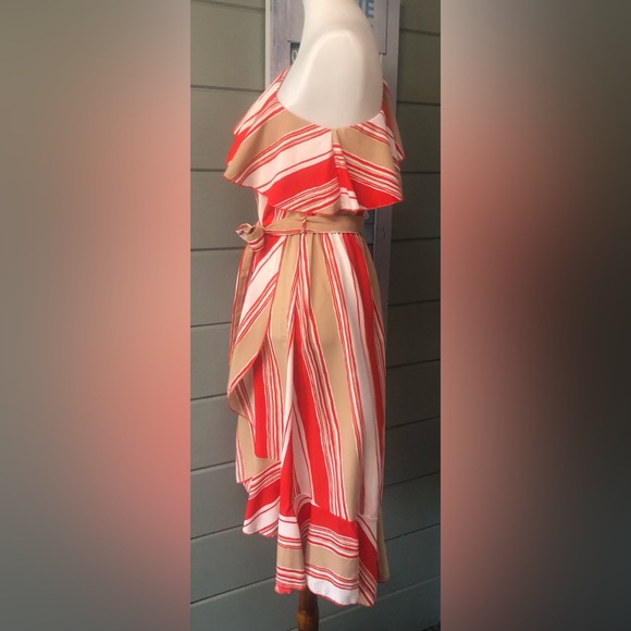 VICI stripe, ruffle one shoulder faux wrap midi dress. w/sash tie M ⚡️FLASH SALE - Picture 11 of 16